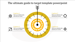 A target themed PPT slide with a yellow central target design, and arrows pointing to four key icons with caption areas.