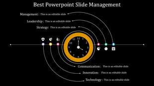 Circular infographic with gradient arcs and icons representing process flow stages connected by curved lines.