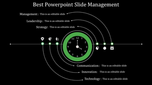 A creative PowerPoint slide featuring a green clock in the center, with arrows pointing to icons on a dark backdrop.