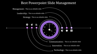 A creative PowerPoint slide featuring a purple clock in the center, with arrows pointing to icons on a dark backdrop.