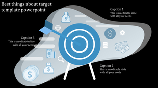 Business template with a blue target and arrow, three caption areas, and financial icons on an abstract shape.