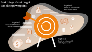 Slide featuring an orange target with an arrow in the center, surrounded by financial icons and captions, on a dark backdrop.