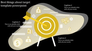 Infographic slide with a yellow target, arrow, and financial symbols, illustrating three captions on a dark background.
