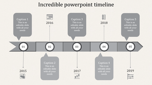 Horizontal timeline with multicolored circles labeled 20XX, connected by curved lines with captions areas above and below.