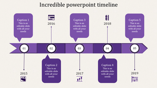 Grey ribbon timeline template with five circular nodes numbered 01 to 05, connected to years 2015-2019 and icons.