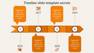 Blue ribbon timeline template showing four steps with circular nodes and speech bubbles linked to years 2016 to 2019.