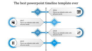 Timeline design featuring four blue diamond milestone markers paired with corresponding text boxes and icons.