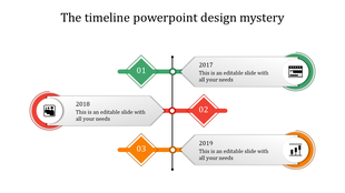 A timeline PPT template with years 2017 to 2019, each marked with a caption and a unique colorful icon.