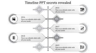 A monochrome timeline PowerPoint template with year markers, grey icons, and placeholders for content.