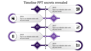 A monochrome timeline PowerPoint template with year markers, purple icons, and placeholders for content.