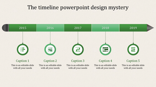 Timeline with a red horizontal arrow showing years 2016 to 2019 connected to circular milestone icons.