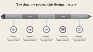 Timeline with gray arrows pointing to each year from 2015 to 2019, with circular icons and text areas below.