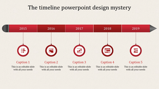 Timeline PPT slide design with red circular markers for 2015 to 2019, featuring icons for each year and caption placeholders.