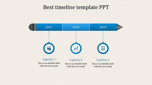 PPT timeline design slide with blue arrow markers for the years 2017 to 2019, each year marked with an icon and captions.