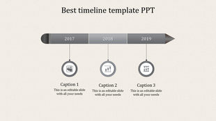 Gray timeline with labeled years 2017 to 2019, featuring circular icons and spaces for captions beneath each year.