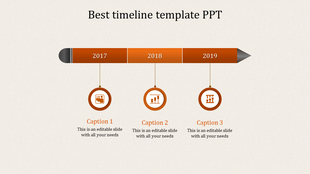 PPT timeline design slide with orange arrow markers for the years 2017 to 2019, each year marked with an icon and captions.