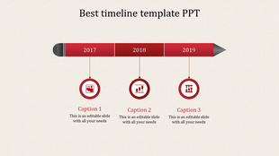 Timeline with red segments for the years 2017, 2018, and 2019, each marked with circular icons and captions.