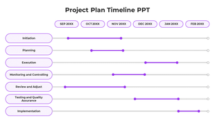 Structured timeline with purple bars and circular markers, spanning seven project phases from initiation to implementation.