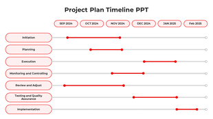 Project plan slide with tasks like initiation, planning, execution, and testing across multiple months on a red box.