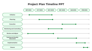 Horizontal Gantt chart with tasks and phases in yellow bars, spanning from January to December, marked by milestones.