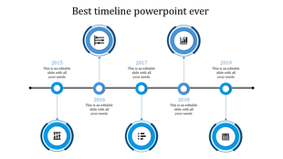 Timeline slide with five blue circular icons connected by a black horizontal line for different years.