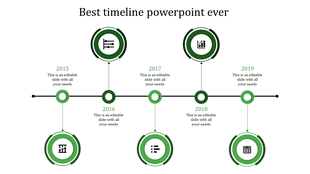 A green themed timeline PPT slide featuring years from 2015 to 2019 with circles marking key business milestones.