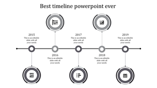 Horizontal timeline with yellow milestone markers, icons inside concentric circles, and alternating placeholders text areas. 