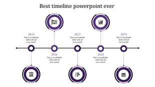 Modern grayscale timeline infographic with circular milestones, icons, and alternating placeholder text for each year.