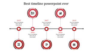 Timeline infographic with five red circular icons, in a structured layout, each with year based milestones.