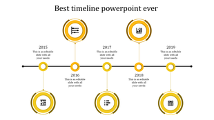 A yellow themed timeline PPT slide from 2015 to 2019, featuring circles for business milestones with icons.