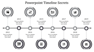 A PPT timeline slide with years from 2012 to 2019, each marked with a grey circle containing various icons and text.