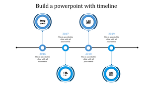 Minimalist horizontal timeline spanning 2015-2019, with purple milestone markers, icons, and placeholder text areas.