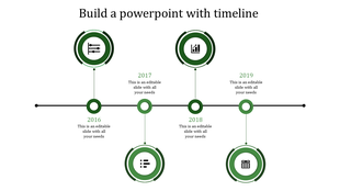 Green themed timeline with four circular icons, on a black horizontal line, and milestone markers from 2016 to 2019.