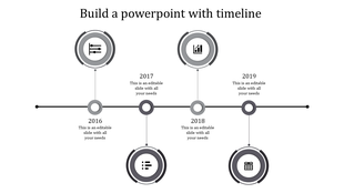 A gray and black timeline PPT slide for the years 2016 to 2019, featuring circles with icons and placeholder text.