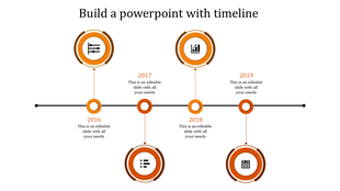 Timeline infographic with four orange circular icons, milestone labels, and a connected horizontal line.
