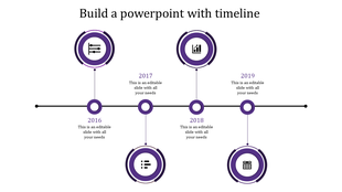 A timeline PPT slide for the years 2016 to 2019, featuring purple colored circles with icons and placeholder text.