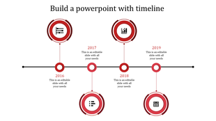 Business timeline infographic with multicolored circular markers, icons inside rings, and placeholders text areas.