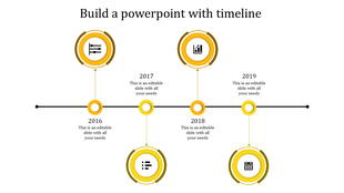 Timeline with four yellow circular icons, on a black horizontal line, and text labels for year from 2016 to 2019.