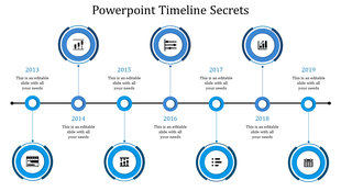 A blue themed timeline PPT slide for the years 2013 to 2019, with icons representing various business milestones with text.