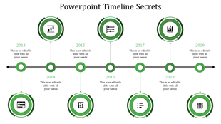 Red themed timeline from 2016 to 2019, featuring circular milestones with icons and alternating placeholder text areas.