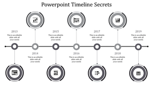 Gray themed timeline template with seven circular icons, on a black horizontal line, and milestone labels in sequence.