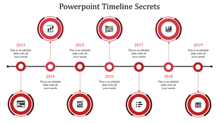 A timeline PPT template with circular markers for each year, from 2013 to 2019, with business related icons and text area.