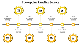 Timeline design with seven yellow circular icons, on a black connecting line, each with text placeholders.