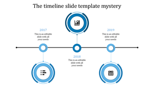 A timeline PPT template from 2017 to 2019, featuring milestones with blue color icons for business use with placeholder text.