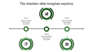 Modern red timeline infographic featuring circular milestones, icons, and placeholder text arranged alternately.
