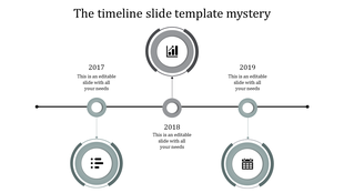 Timeline design with gray circular elements connected by a black horizontal line, marking milestones from 2017 to 2019.