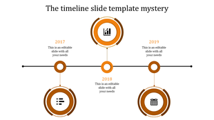 A timeline PPT template from 2017 to 2019, featuring milestones with orange color icons with placeholder text.