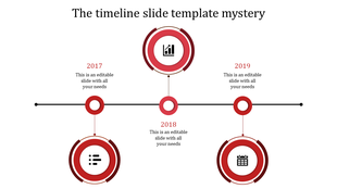 Horizontal timeline with red circular markers for 2017, 2018, and 2019, featuring icons, in a minimalist design.