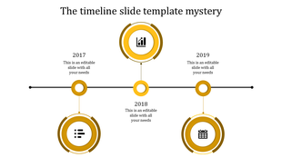 A timeline PPT template from 2017 to 2019, featuring milestones with yellow color icons and placeholder text.