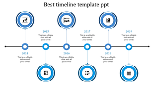 Business timeline infographic with green circular markers, icons inside rings, and placeholders text above. 